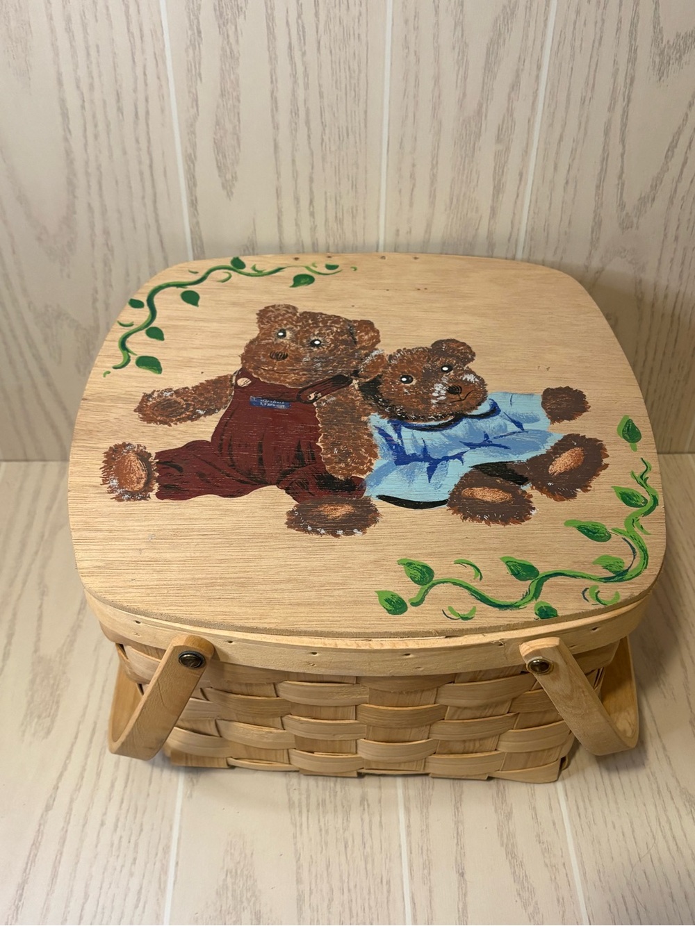 Vintage Hand-Painted Brown Teddy Bear Picnic Basket Cottagecore